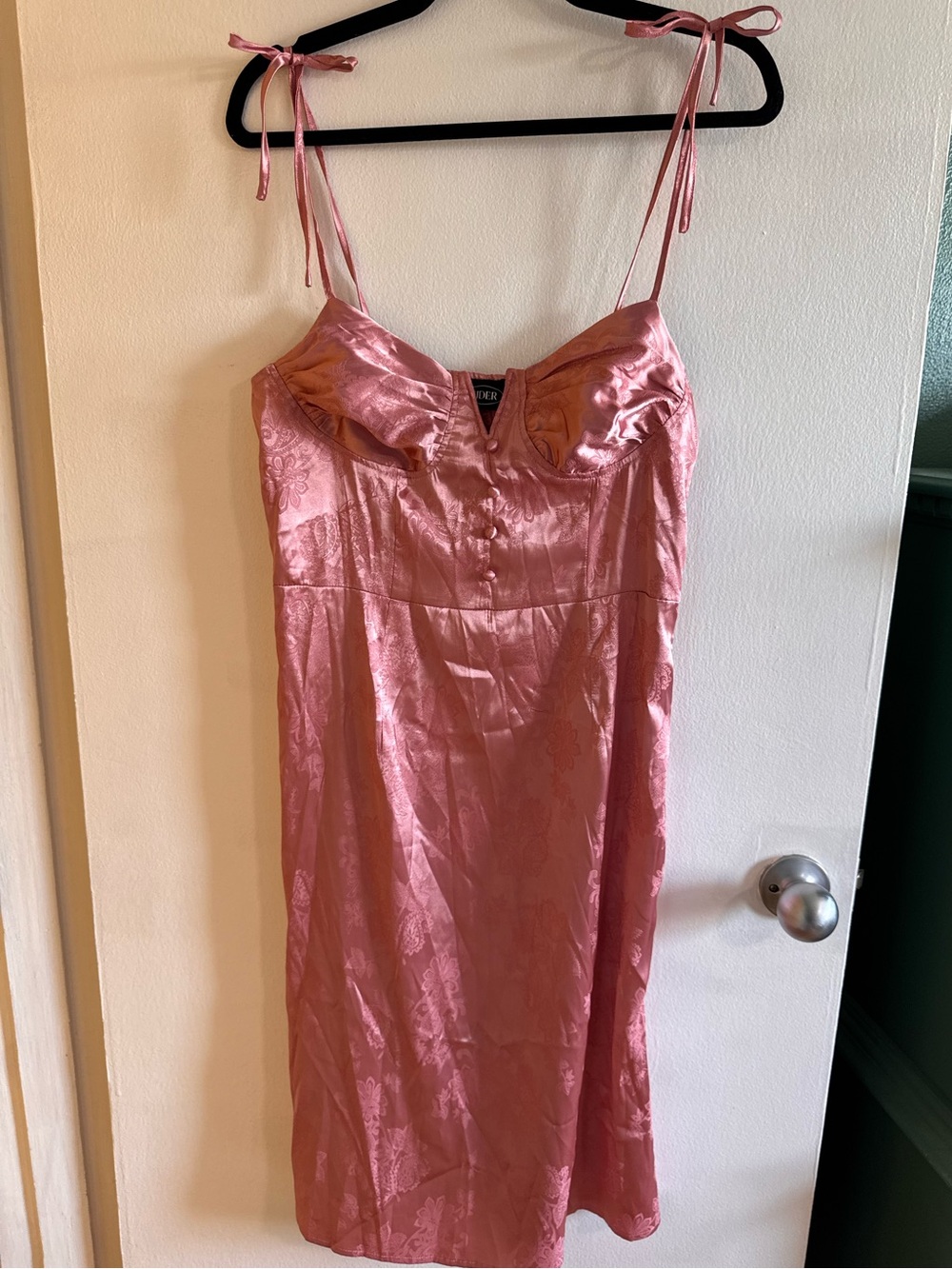 NWT Cider Rose Pink Satin Tie-Shoulder Spaghetti Strap Zip Slip Jacquard Dress